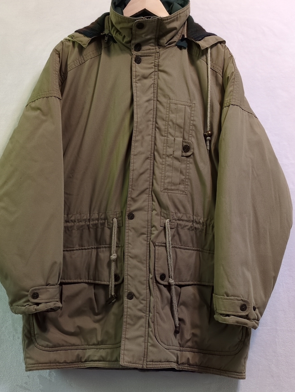 Vintage Field & Stream Plaid Lined Hooded Utility Parka Jacket Tan Large L